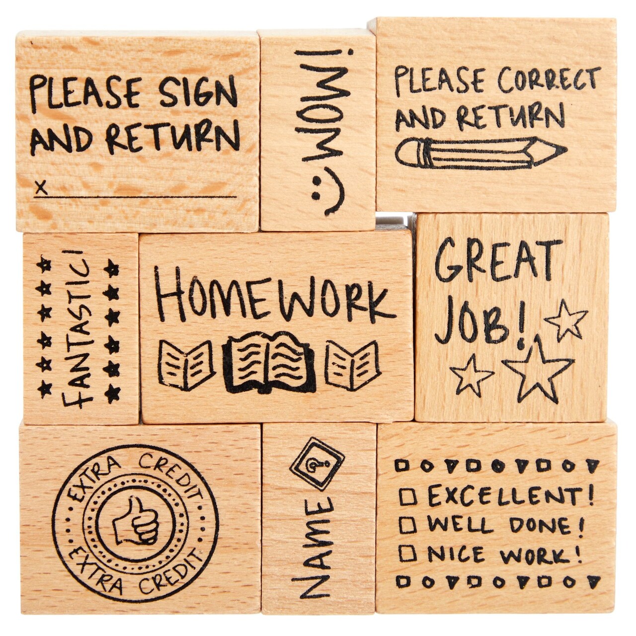 9 Piece Set of Wooden Rubber Teacher Stamps - Classroom Supplies for Grading Homework (Assorted Sizes)